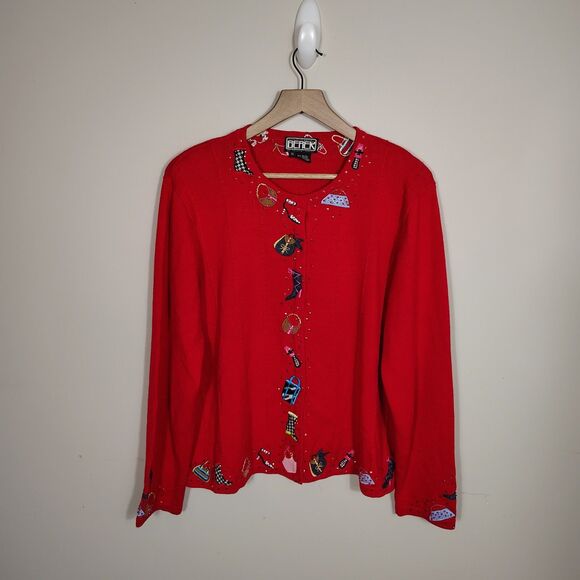 Vtg Berek 2 Sweater Cardigan Red Embellished Purse Shoes Sequins Artsy Size XL - Picture 1 of 13